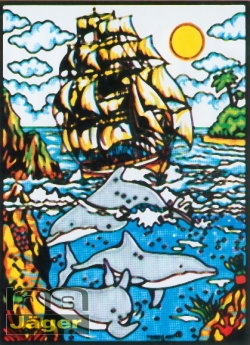 Samtbild Segelschiff und Delfine